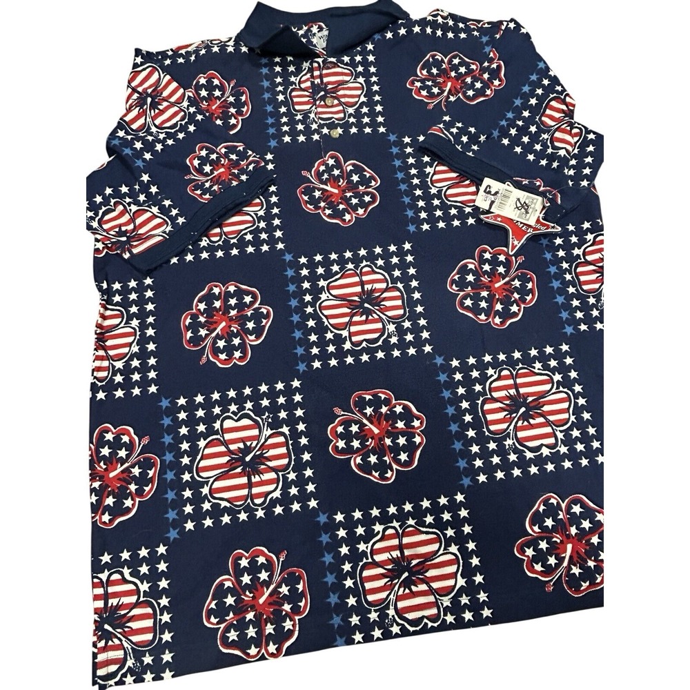 Windham Pointe Polo Shirt Hawaiian Floral‎ USA Red White Blue - Men's XXL